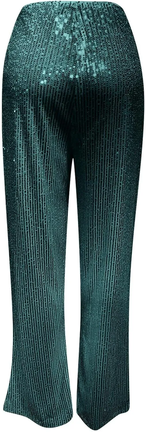 Flared Pants for Women Sequin Sparkly Hight Waist Wide Leg Disco Trousers Bling Glitter Night Clubwear Dance Pants