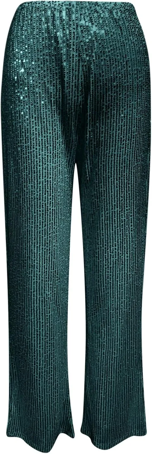 Flared Pants for Women Sequin Sparkly Hight Waist Wide Leg Disco Trousers Bling Glitter Night Clubwear Dance Pants