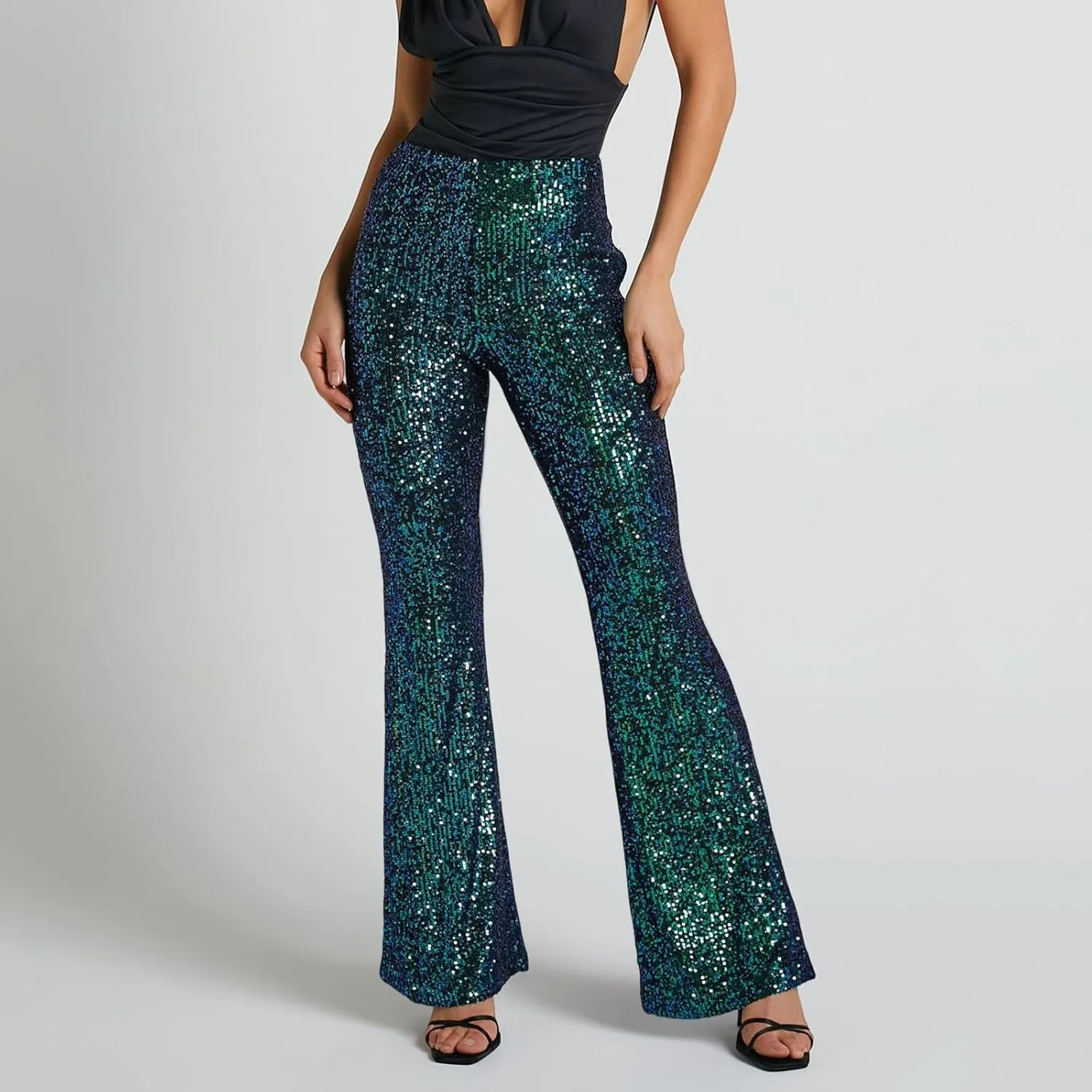 Flared Pants for Women Sequin Sparkly Hight Waist Wide Leg Disco Trousers Bling Glitter Night Clubwear Dance Pants