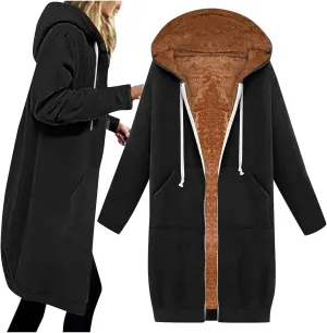 Fleece Lined Hoodie for Women Long Zipper Hoodies Zip Up Oversized Sweatshirts Womens Tunic Sweatshirt Blazer Winter