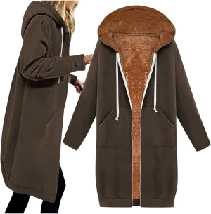 Fleece Lined Hoodie for Women Long Zipper Hoodies Zip Up Oversized Sweatshirts Womens Tunic Sweatshirt Blazer Winter