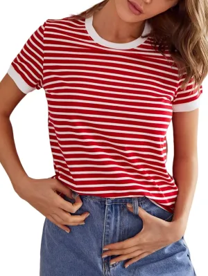 Floerns Women's Casual Striped Crew Neck Short Sleeve T Shirts Tee Tops