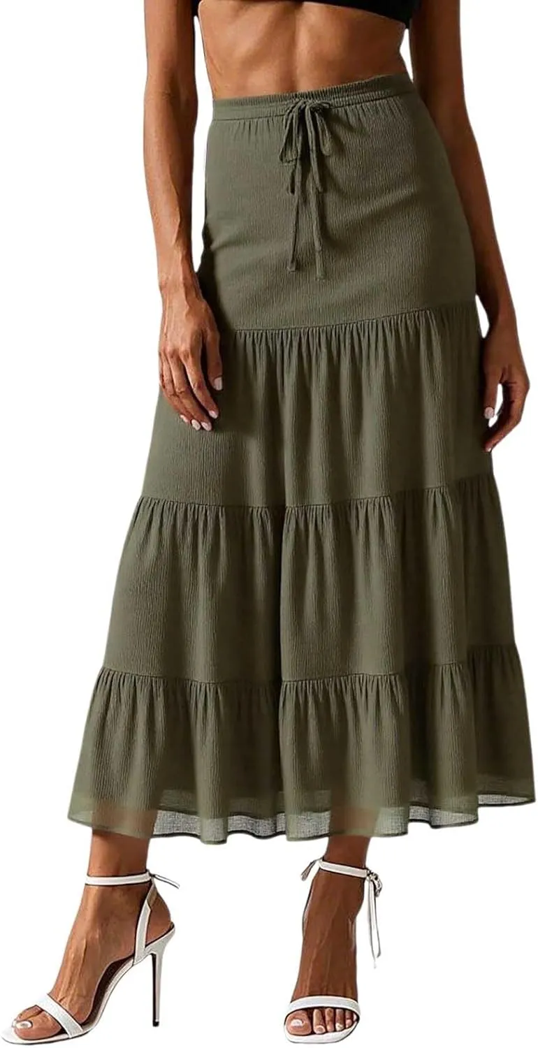 Floral Maxi Skirt for Women Summer Comfy Tiered Elastic High Waisted Skirts Vacation A-Line Flowy Swing Long Skirts