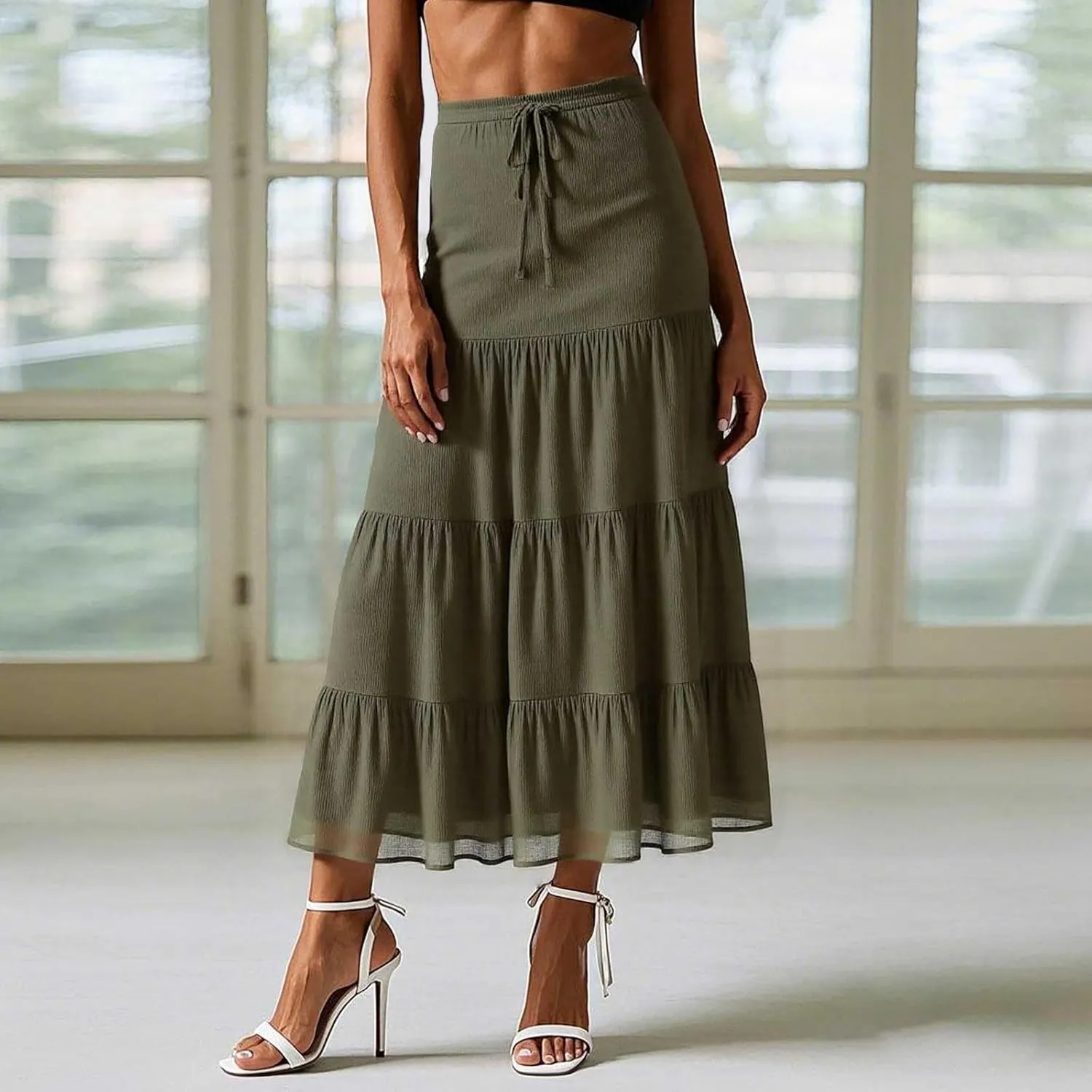 Floral Maxi Skirt for Women Summer Comfy Tiered Elastic High Waisted Skirts Vacation A-Line Flowy Swing Long Skirts