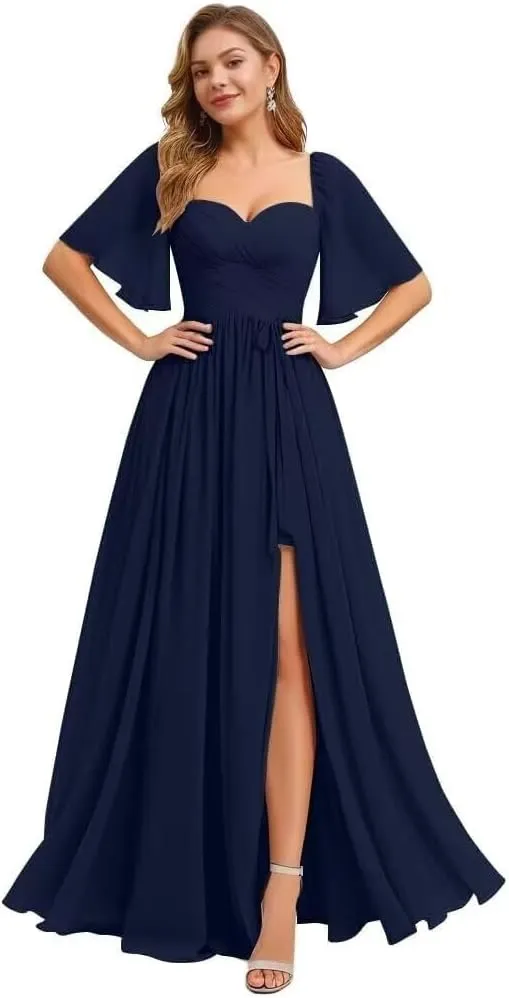 Flutter Sleeve Bridesmaid Dresses for Women Ruched Chiffon A Line Formal Dress with Slit