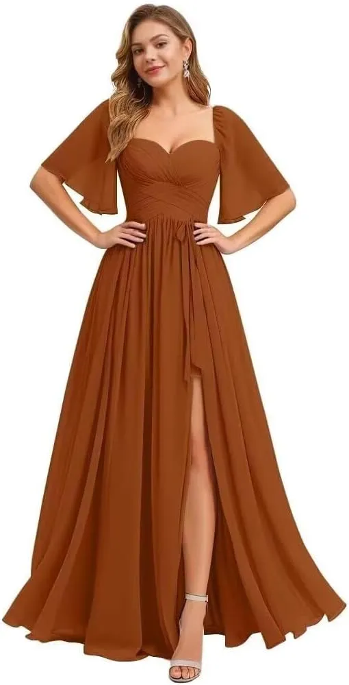 Flutter Sleeve Bridesmaid Dresses for Women Ruched Chiffon A Line Formal Dress with Slit