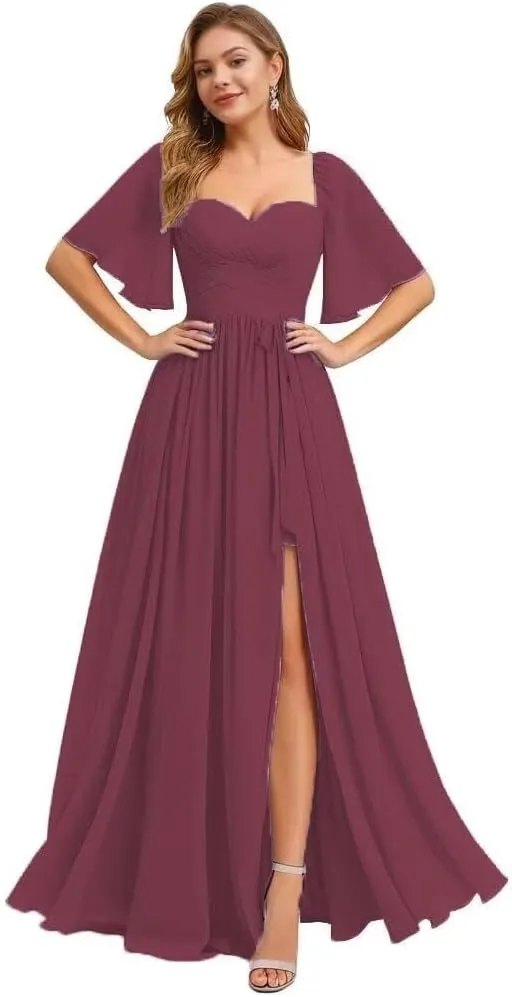 Flutter Sleeve Bridesmaid Dresses for Women Ruched Chiffon A Line Formal Dress with Slit