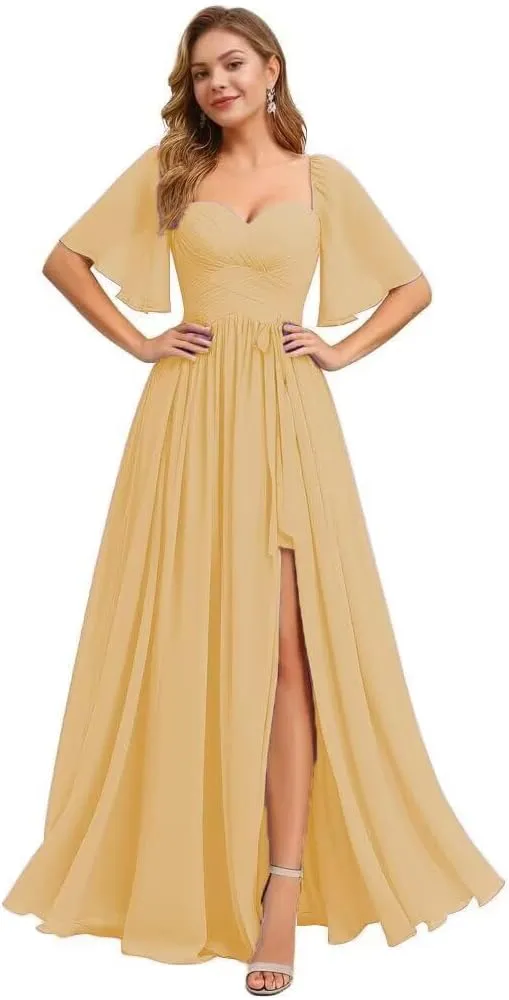 Flutter Sleeve Bridesmaid Dresses for Women Ruched Chiffon A Line Formal Dress with Slit