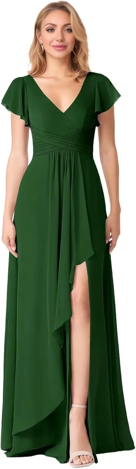 Flutter Sleeve Chiffon Bridesmaid Dresses with Slit Long V Neck A-Line Pleated Formal Evening Dresses for Women