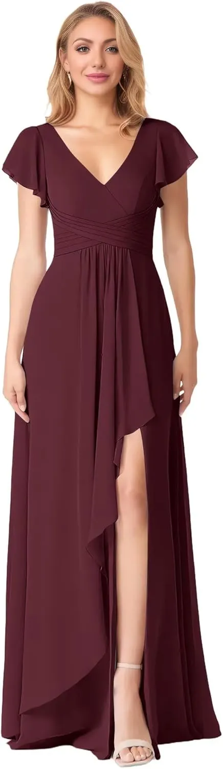 Flutter Sleeve Chiffon Bridesmaid Dresses with Slit Long V Neck A-Line Pleated Formal Evening Dresses for Women