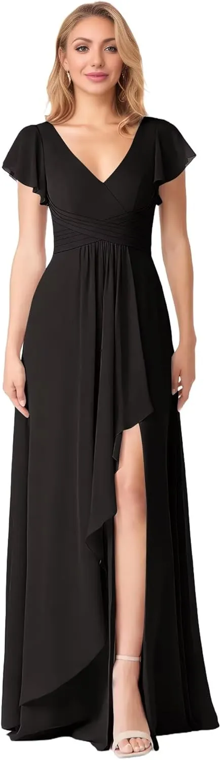 Flutter Sleeve Chiffon Bridesmaid Dresses with Slit Long V Neck A-Line Pleated Formal Evening Dresses for Women