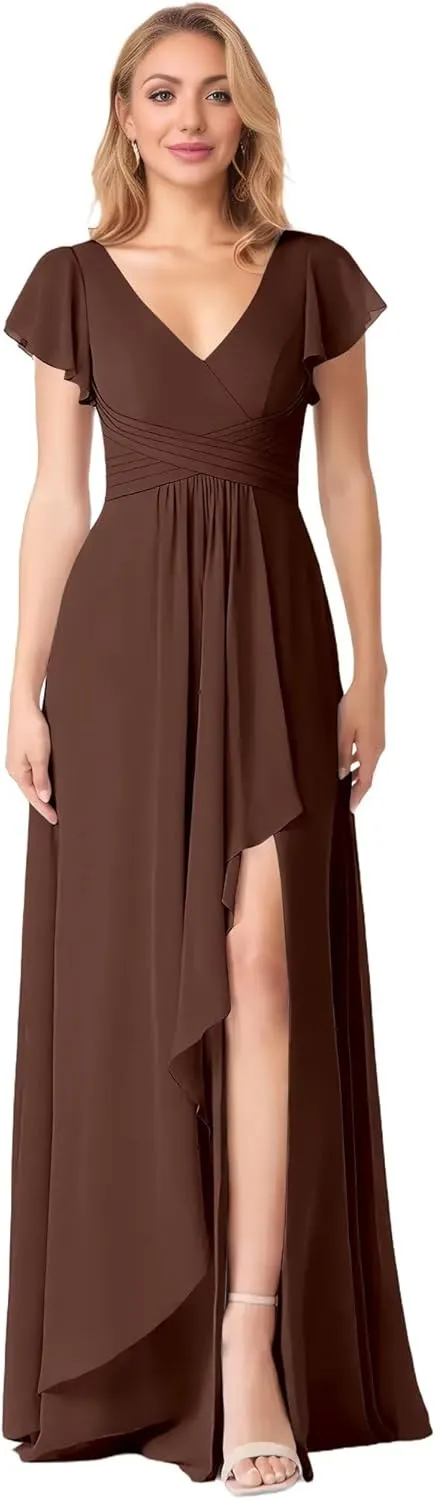 Flutter Sleeve Chiffon Bridesmaid Dresses with Slit Long V Neck A-Line Pleated Formal Evening Dresses for Women