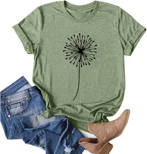 FONMA Casual Tops for Women 2025 Summer Dandelion Printed Crew Neck Short Sleeve Shirt Loose Daily Workout Blouse