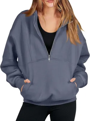 Funnel Neck Half Zip Sweatshirt Women Oversized Thumb Hole Fleece Pullover Lightweight Y2k Zip Up Comfy Hoodie