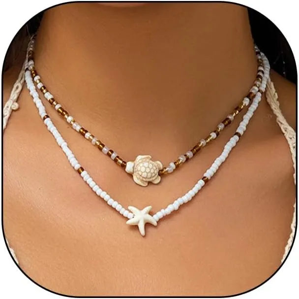 FUTIMELY Double Layered White Beaded Conch Choker Necklaces, Minimalist Boho Surfer Short Necklaces, Heated Term Beach Hawaiian Necklaces for Women Teen Girls
