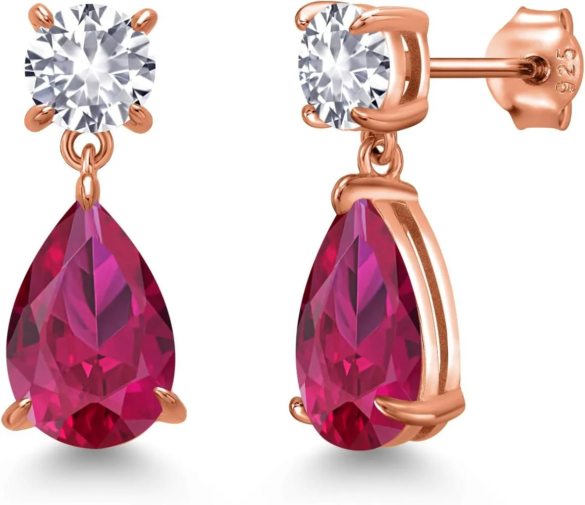 Gem Stone King 18K Rose Gold Plated Silver Red Created Ruby and White Created Sapphire Teardrop Dangle Drop Earrings For Women (8.96 Cttw, Gemstone Birthstone, Pear Shape 12x8MM, Round 6MM)
