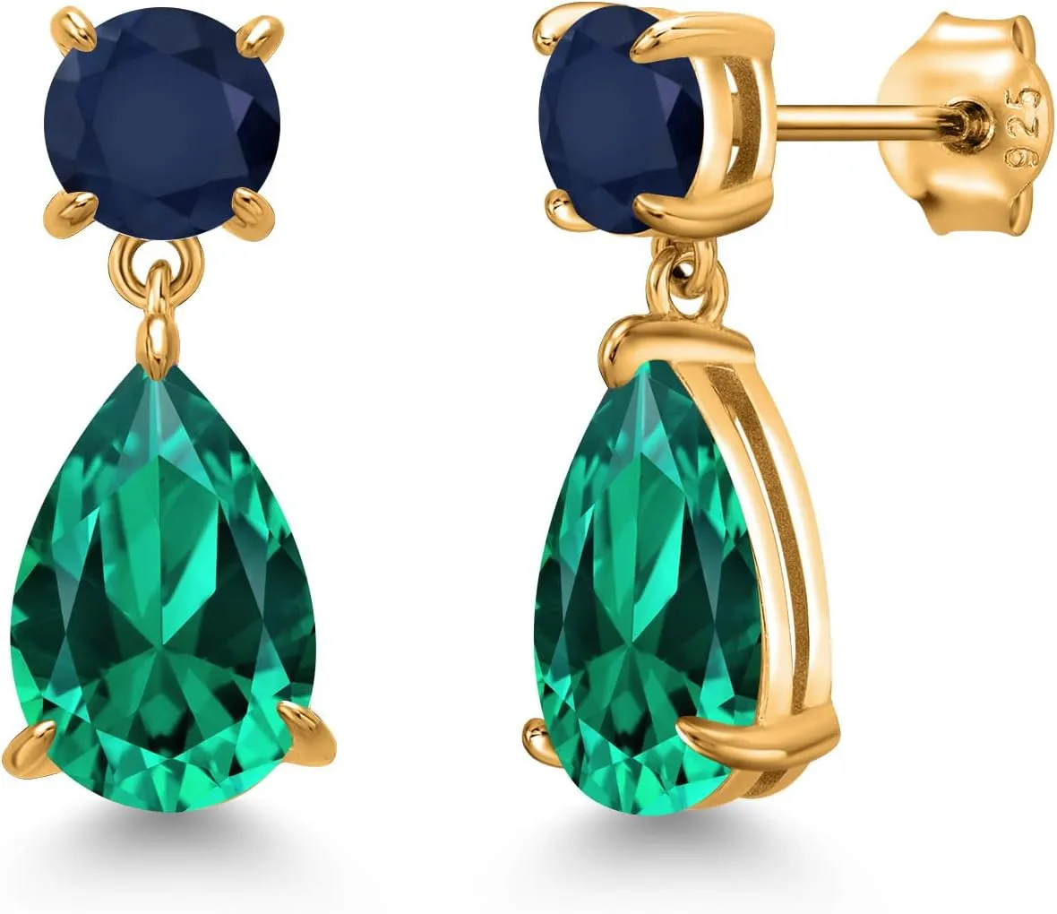 Gem Stone King 18K Yellow Gold Plated Silver Green Nano Emerald and Blue Sapphire Teardrop Dangle Drop Earrings For Women (7.08 Cttw, Gemstone Birthstone, Pear Shape 12x8MM, Round 6MM)