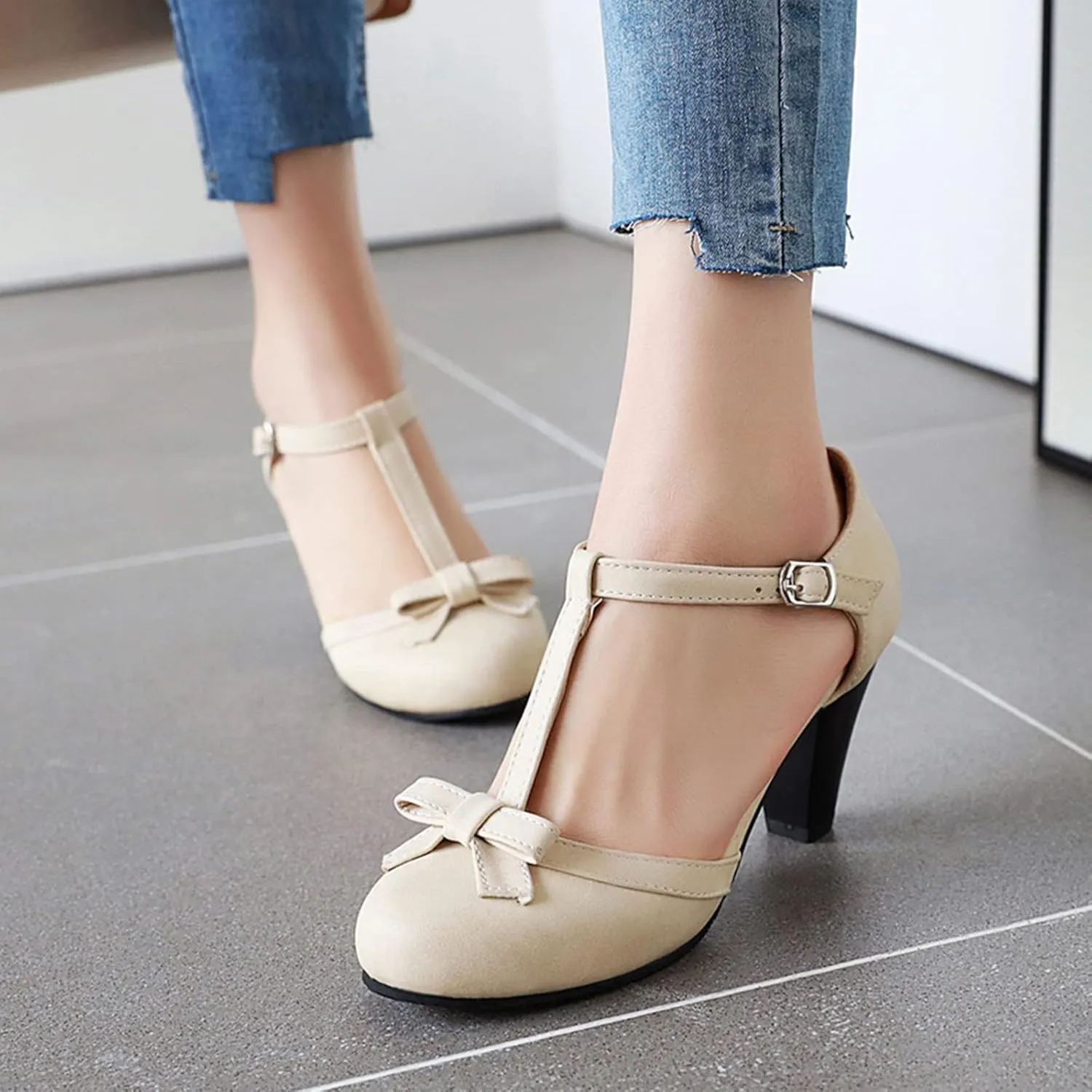 Gicoiz Women Closed Toe T Strap Mary Jane Sandals Bowtie