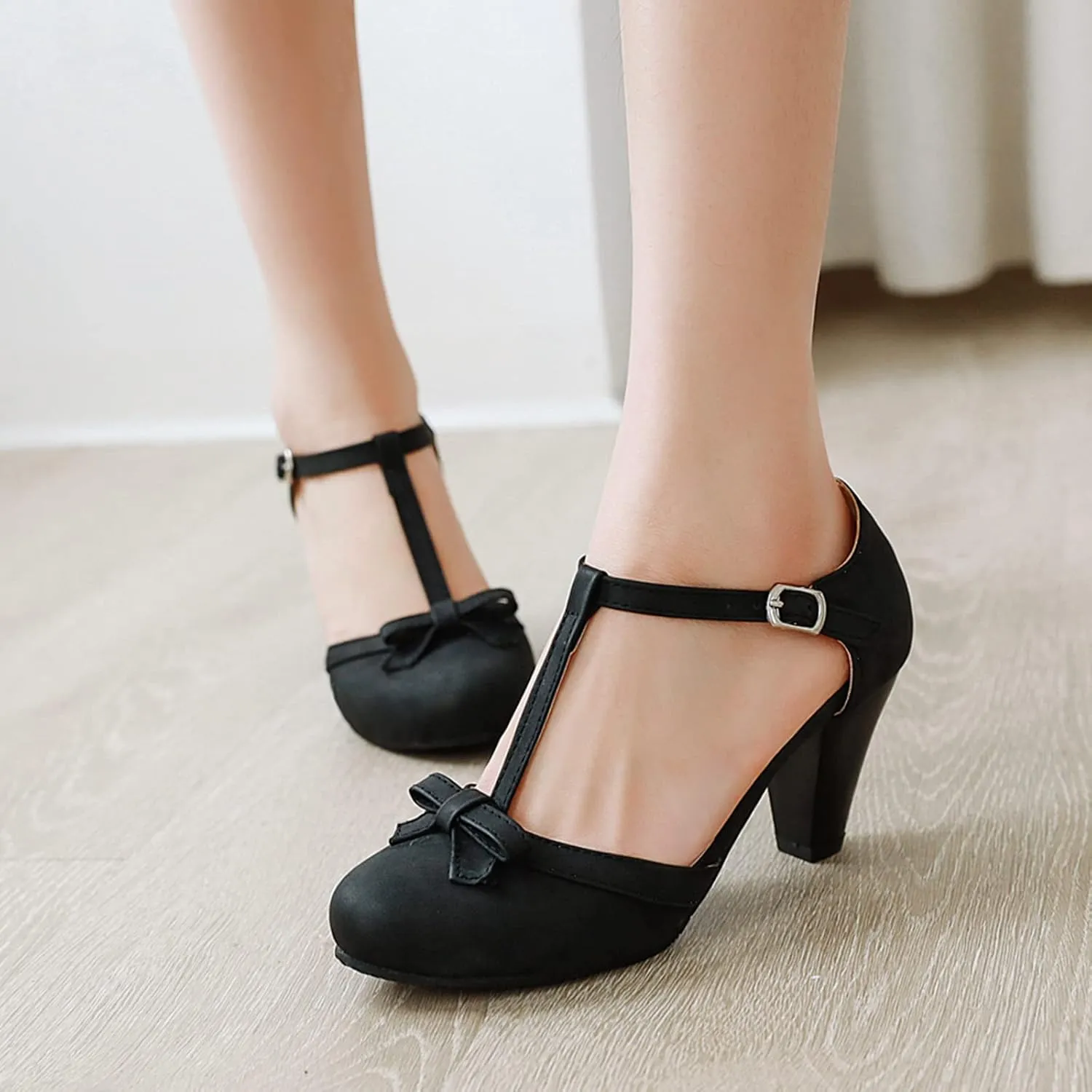 Gicoiz Women Closed Toe T Strap Mary Jane Sandals Bowtie