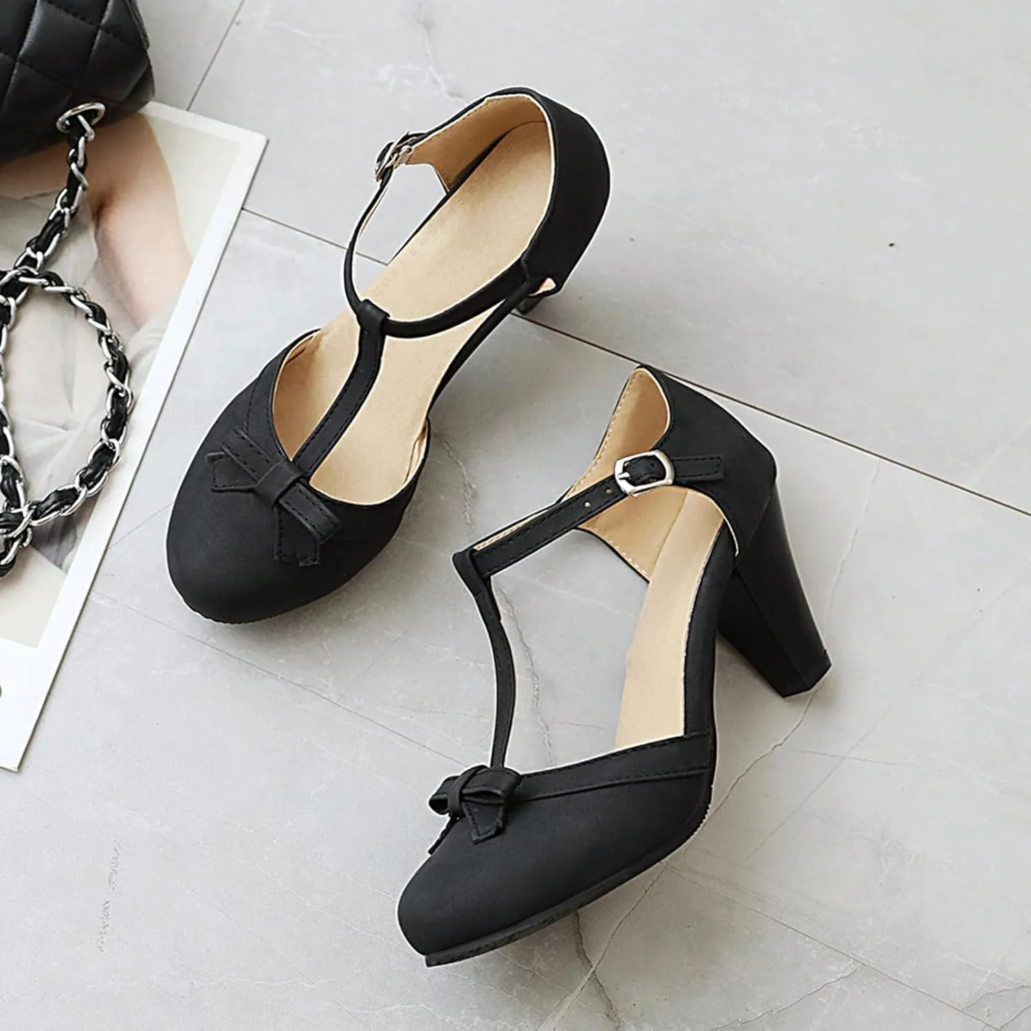 Gicoiz Women Closed Toe T Strap Mary Jane Sandals Bowtie