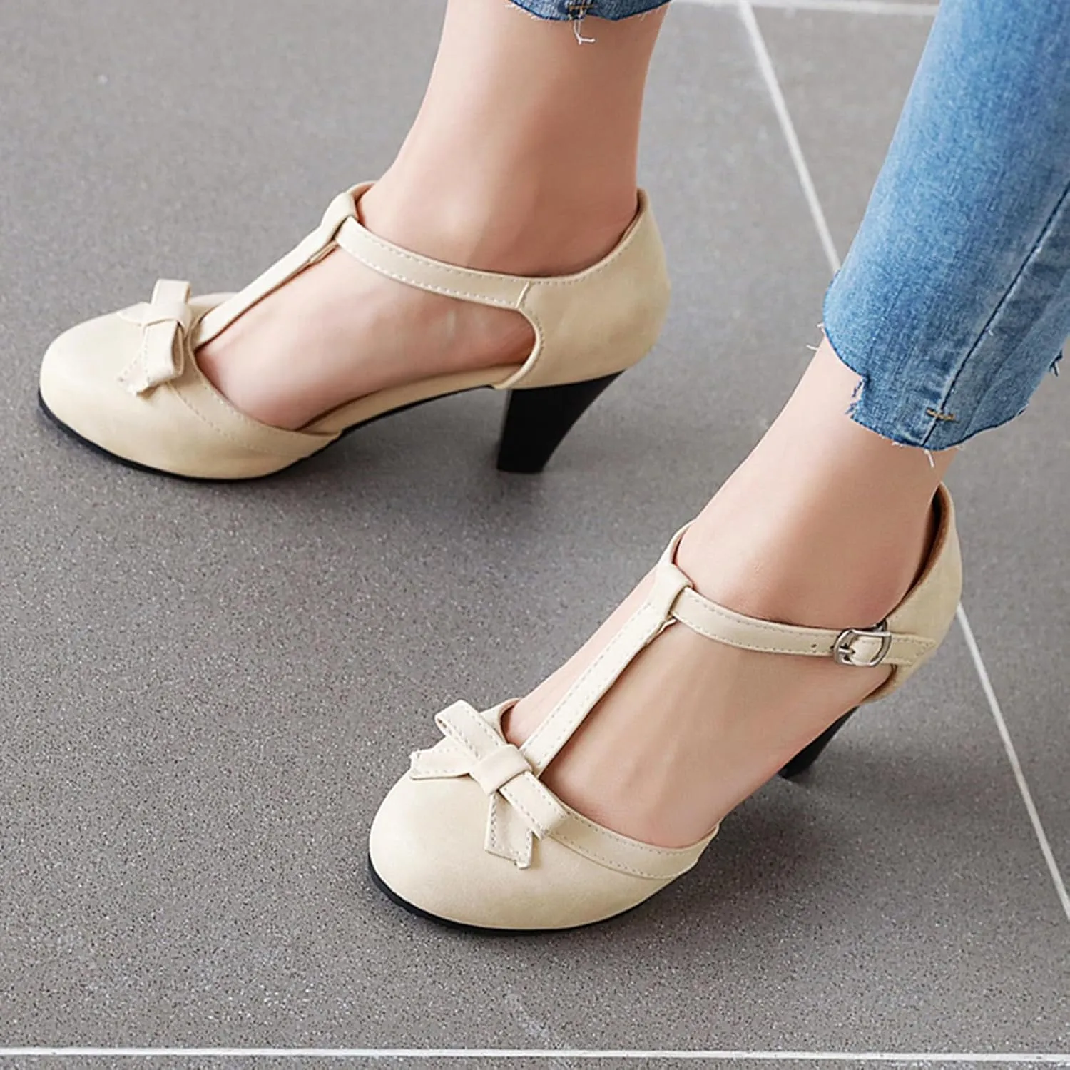 Gicoiz Women Closed Toe T Strap Mary Jane Sandals Bowtie