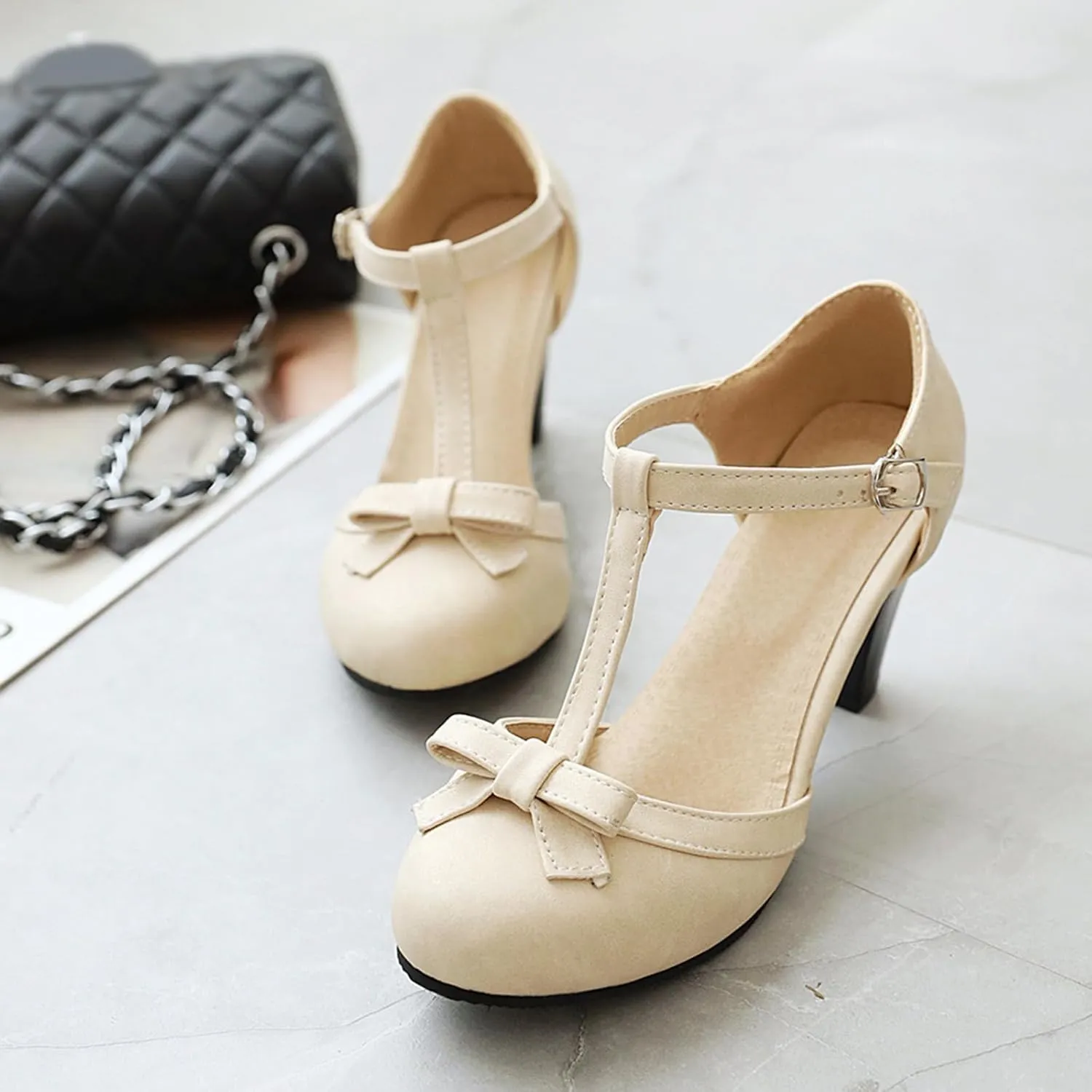 Gicoiz Women Closed Toe T Strap Mary Jane Sandals Bowtie
