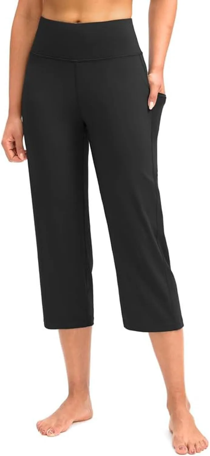 GIERIDUC Capris Pants for Women Dressy Summer Casual Stretch Wide Leg with Pockets Basic Leggings Crop Straight Yoga Pants