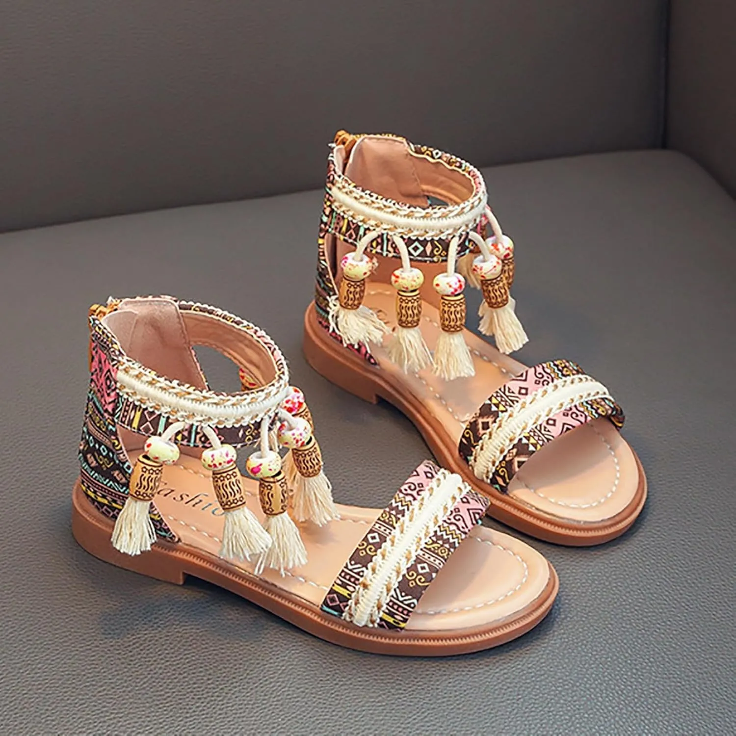 Girls Summer Sandals Comfortable Soft Sole Open Toe Fashion Bohemian Tassel Girls Sandals Little Girl White