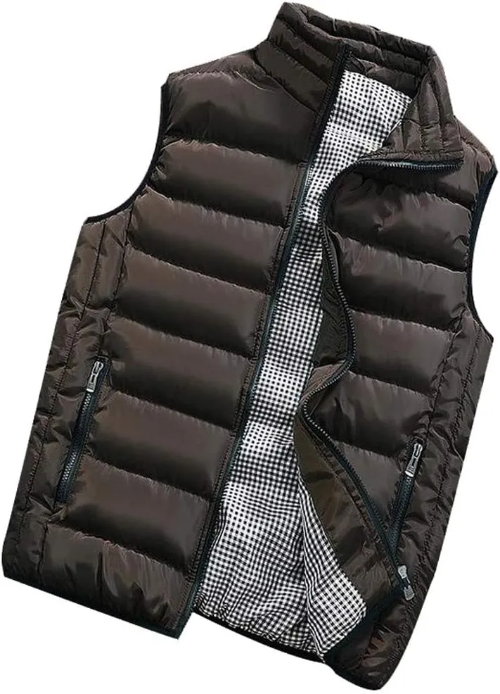 GOKKILRW Mens Outdoor Casual Stand Collar Padded Puffer Vest Warm Winter Waterproof Ski Jacket Cotton Padded Waistcoat