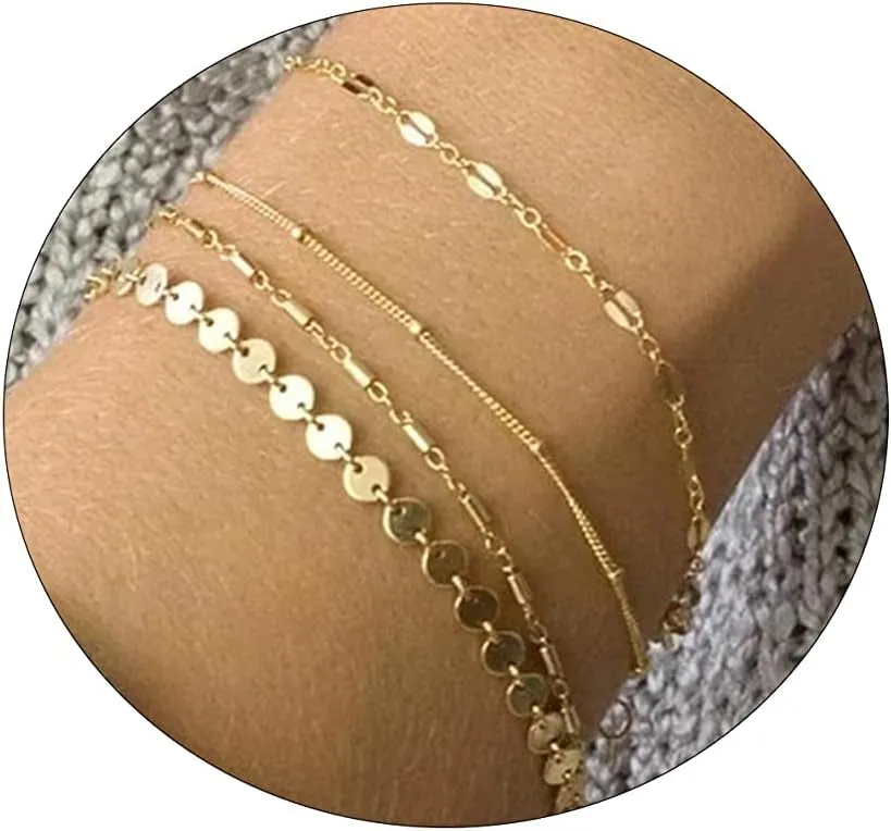 Gold Bracelet Set, 14K Gold Plated Bracelets for Women, Dainty Lip Chain, Long Bar Chain, Disc, Satellite, Cuban Link, Anklet, Pack Gifts for Women & Teen Girls