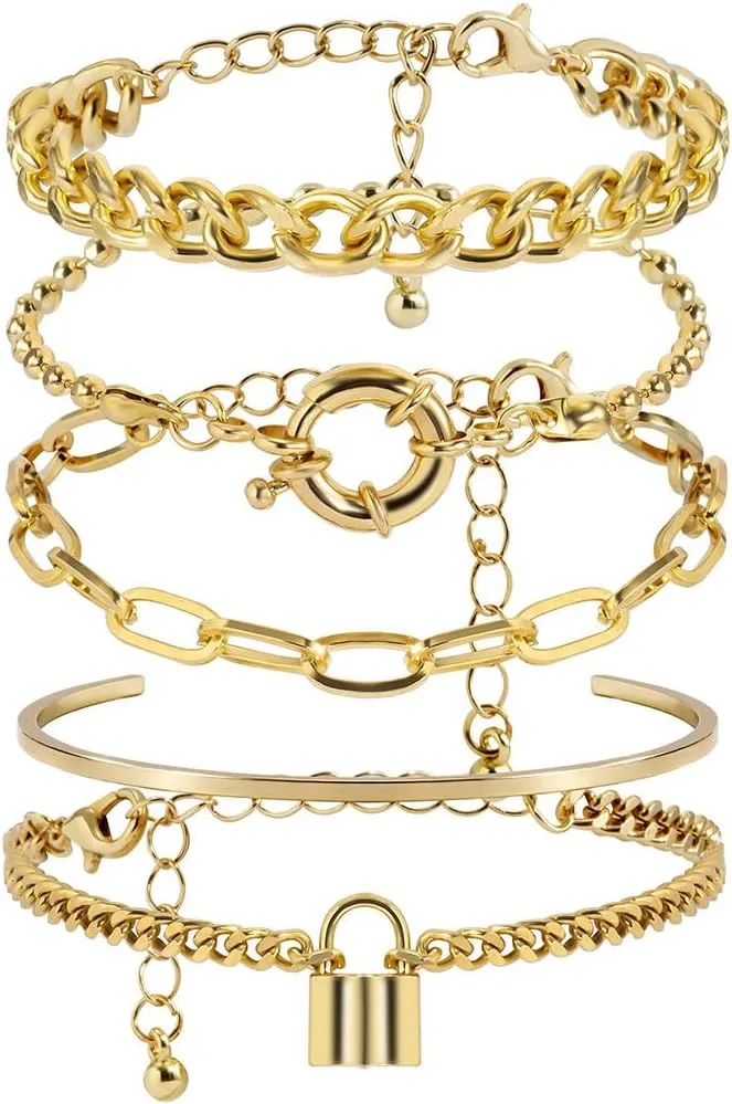 Gold Bracelets for Women, 14K Dainty Gold Plated Stackable Bracelets for Women Trendy Gold Bracelet Stack Set Waterproof Chain Bracelets Paperclip Adjustable 5 Piece Set Tiny Cute Jewelry