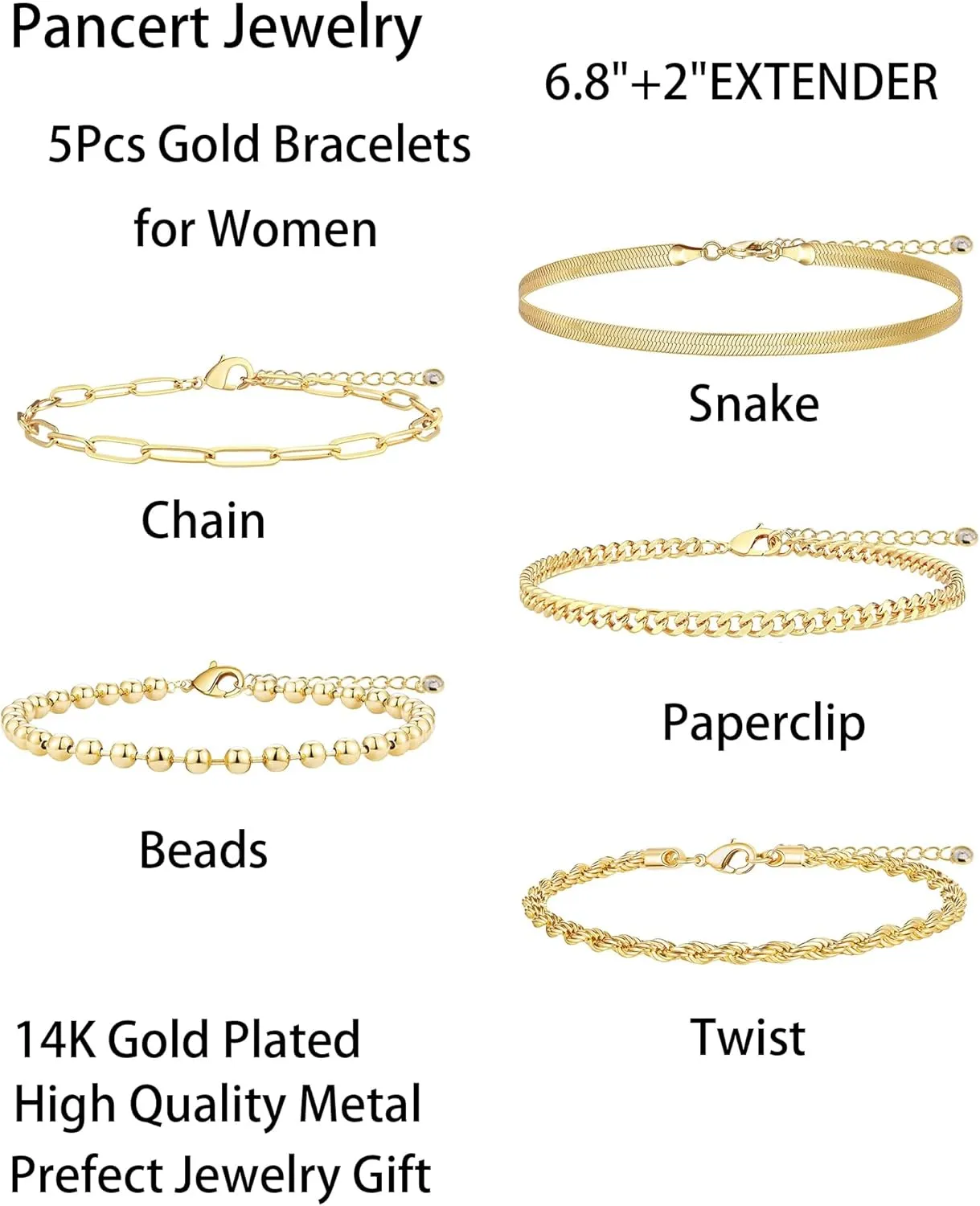 Gold Bracelets for Women Dainty Layered Chain Bracelets Set 14K Gold Plated Snake Figaro Bead Chain Paperclip Chain Bracelet Pack Stack Gifts