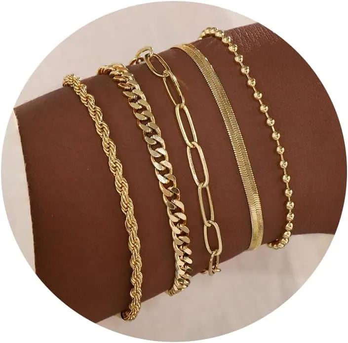 Gold Bracelets for Women Dainty Layered Chain Bracelets Set 14K Gold Plated Snake Figaro Bead Chain Paperclip Chain Bracelet Pack Stack Gifts