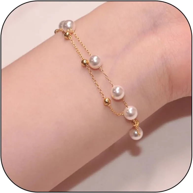 Gold Pearl Bracelets for Women Bead Chain Bracelets double chain Bracelets Plated Dainty Pearls Beaded Chain Summer Boho Jewelry Gift for Women