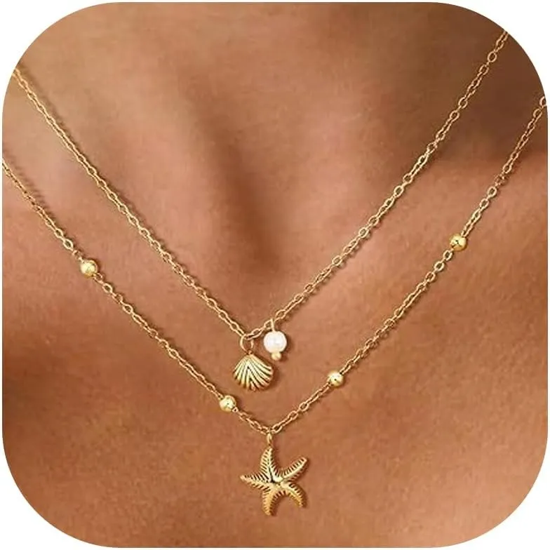 Gold Starfish Necklace for Women Beach Jewelry Accessories Sea Shell Beach Necklace Layered Starfish Pendant Beachy Ocean Necklaces Boho Cowrie Seashell Summer Necklaces Jewelry Gifts Trendy Stuff