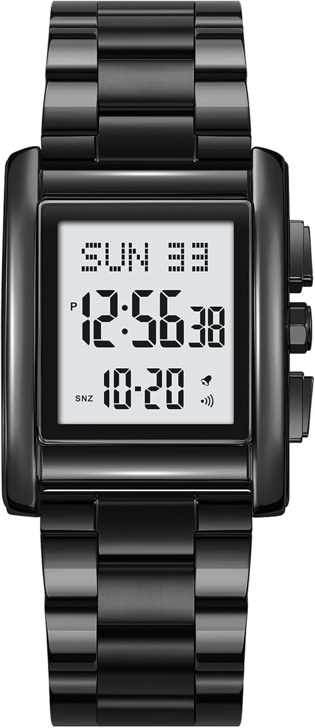 Gosasa Fashion Womens Mens Watches Digital Watch Stainless Steel Casual Sport Waterproof Rectangle Watches with Luminous Display (Black)