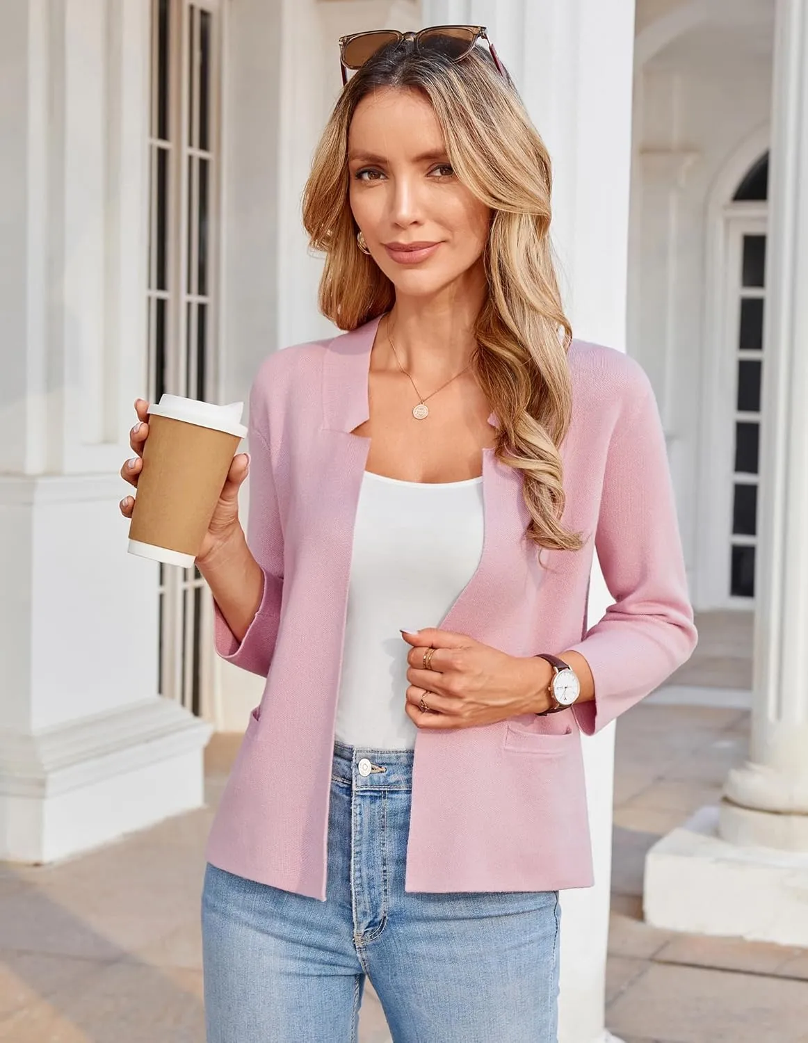GRACE KARIN Women Sweater Blazer 3/4 Sleeve Cropped Cardigan Lightweight Notch Collar Knit Blazer Jacket Business Casual