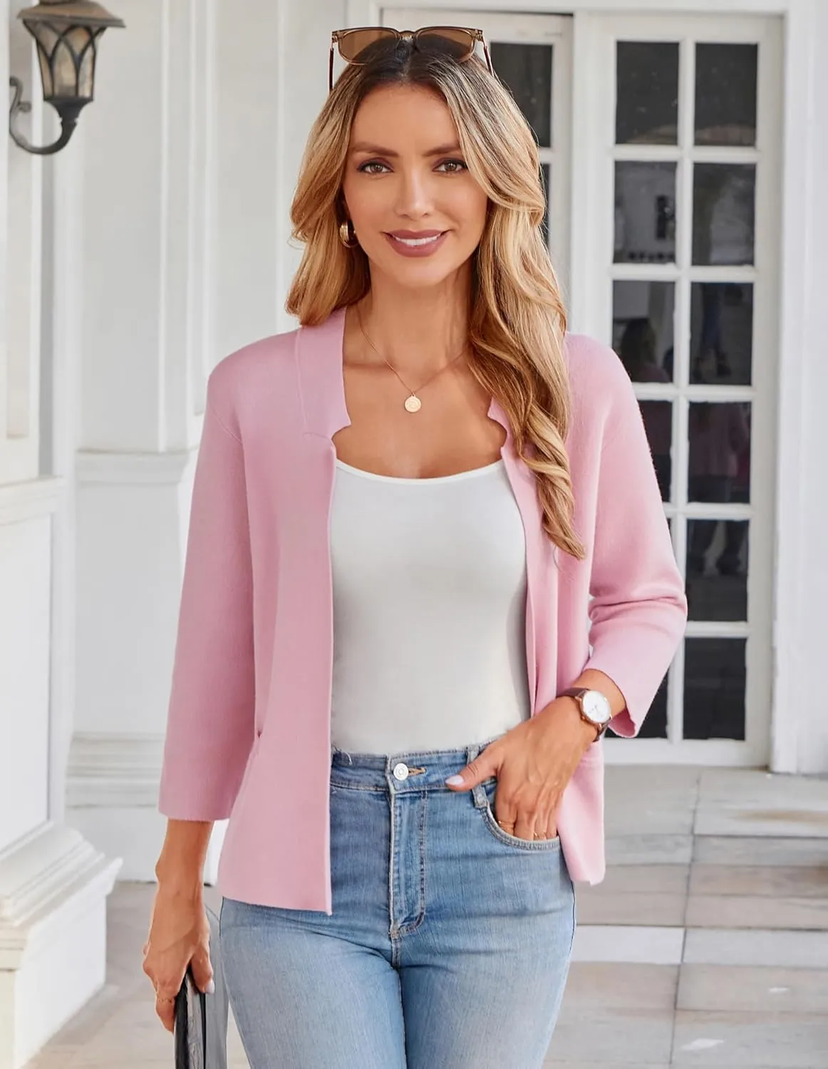 GRACE KARIN Women Sweater Blazer 3/4 Sleeve Cropped Cardigan Lightweight Notch Collar Knit Blazer Jacket Business Casual