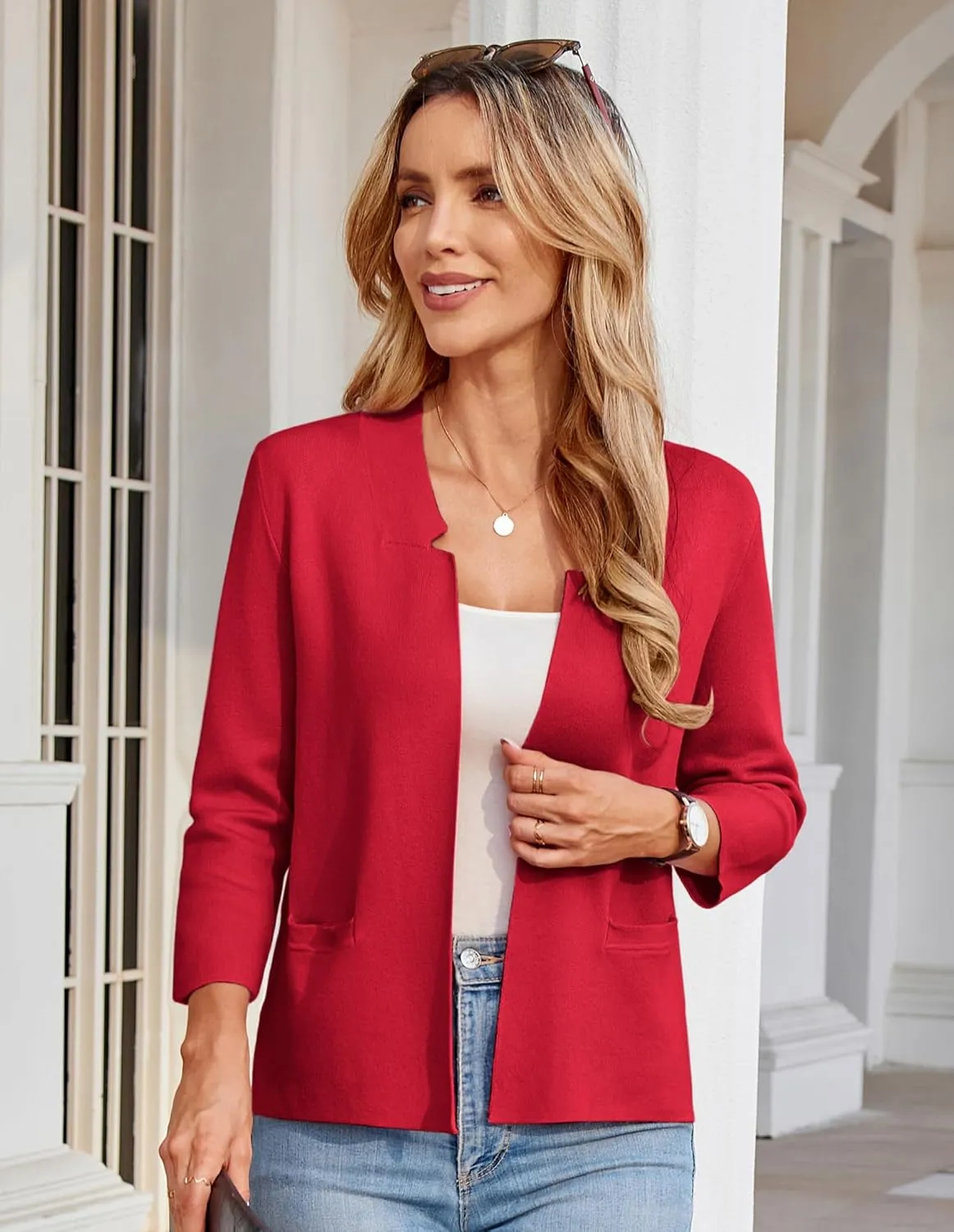 GRACE KARIN Women Sweater Blazer 3/4 Sleeve Cropped Cardigan Lightweight Notch Collar Knit Blazer Jacket Business Casual