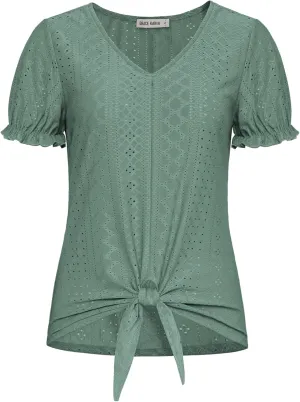 GRACE KARIN Women's 2025 Summer Tops Short Sleeve V Neck Basic T Shirts Dressy Casual Tie Front Tops Eyelet Blouses Tunic