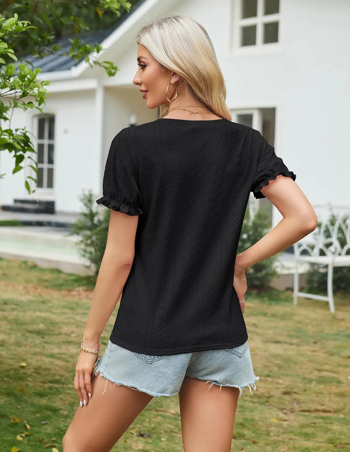 GRACE KARIN Women's 2025 Summer Tops Short Sleeve V Neck Basic T Shirts Dressy Casual Tie Front Tops Eyelet Blouses Tunic