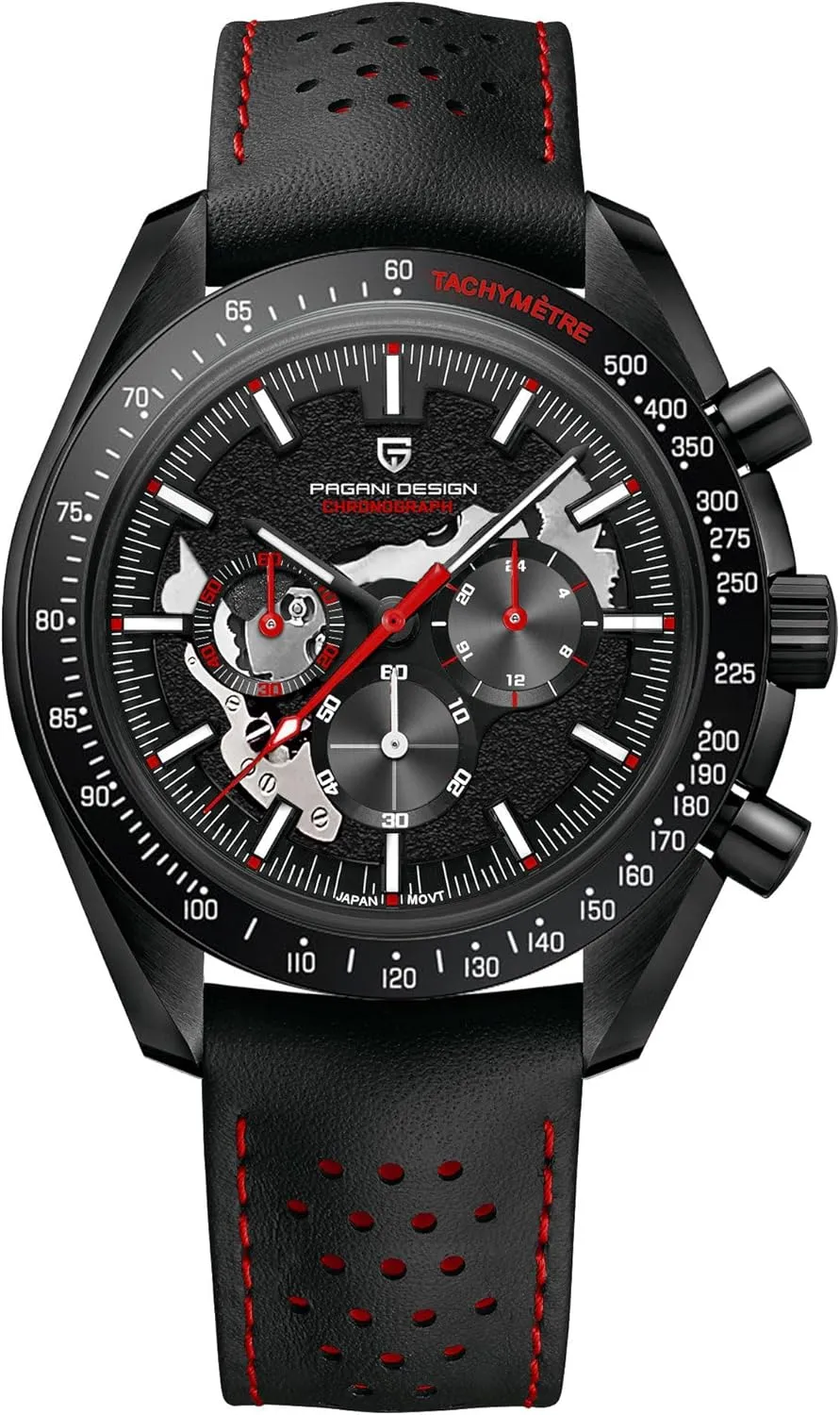 HaiQin Pagani Design 1779 Luxury Men's Quartz Chronograph Moon Skeleton Watches Japan Movement AR Sapphire Glass Stainless Steel Case Waterproof Analog Watch