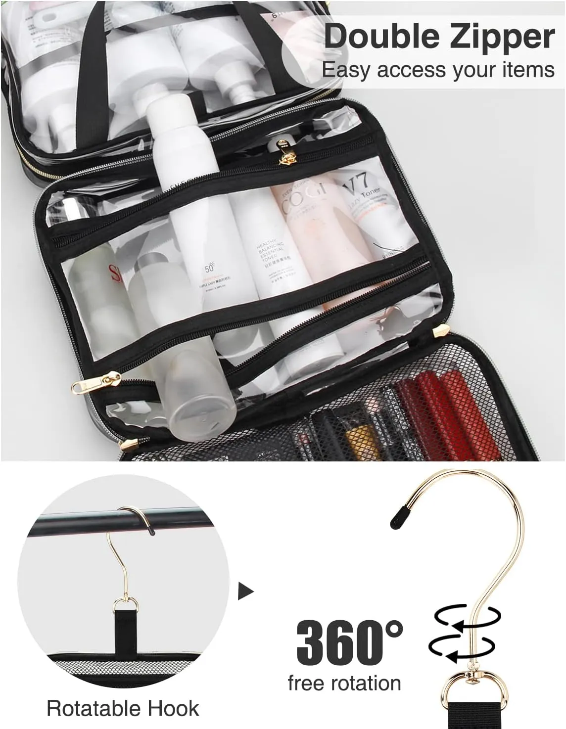 Hanging Toiletry Bag Travel Makeup Bag Clear TSA Toiletry Bag for Toiletries Full Sized Container Stand up Access to Toiletries for Women Men Makeup Organizer Case