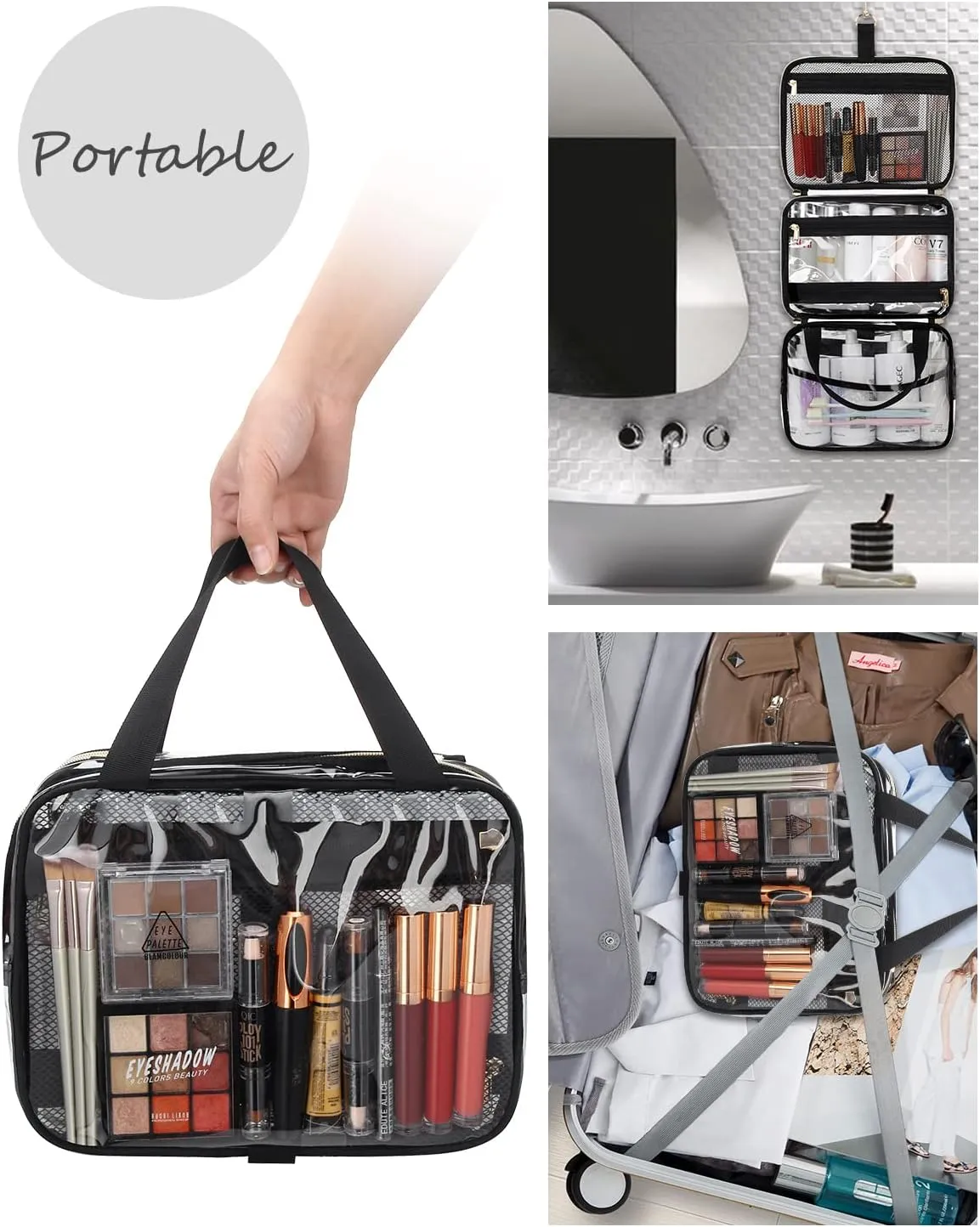 Hanging Toiletry Bag Travel Makeup Bag Clear TSA Toiletry Bag for Toiletries Full Sized Container Stand up Access to Toiletries for Women Men Makeup Organizer Case