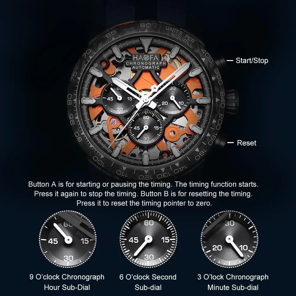 Haofa Carbon Fiber Chronograph Skeleton Automatic Men Watch Carbon Fiber Case Self Wind Mechanical Wristwatch for Men Sapphire Crystal Luminous Luxury Fashion Watches 2367