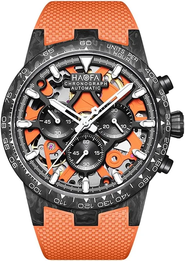 Haofa Carbon Fiber Chronograph Skeleton Automatic Men Watch Carbon Fiber Case Self Wind Mechanical Wristwatch for Men Sapphire Crystal Luminous Luxury Fashion Watches 2367