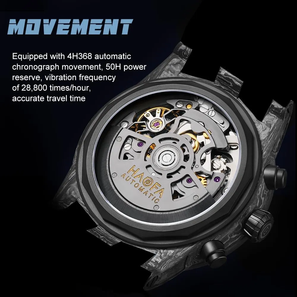 Haofa Carbon Fiber Chronograph Skeleton Automatic Men Watch Carbon Fiber Case Self Wind Mechanical Wristwatch for Men Sapphire Crystal Luminous Luxury Fashion Watches 2367