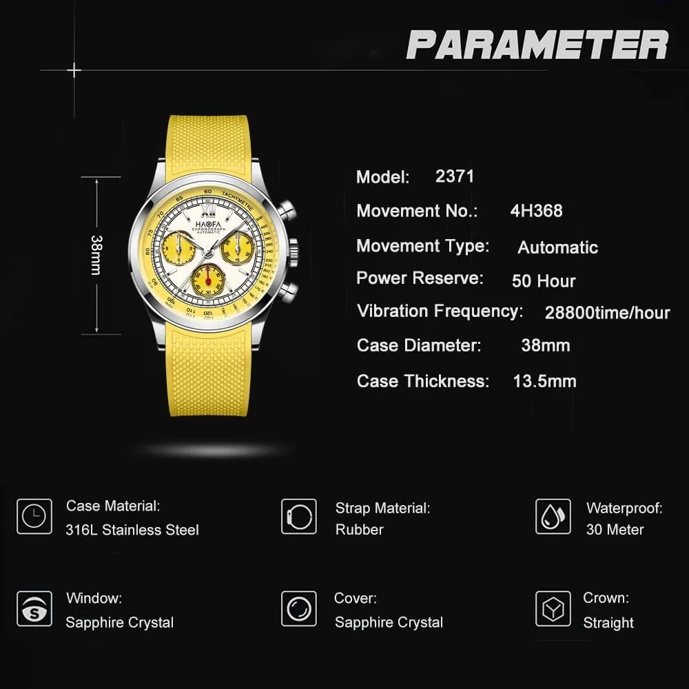 Haofa Chronograph Automatic Men Watch 50 Hour Power Reserve Self Wind Mechanical Wristwatch for Men Sapphire Crystal Luminous Luxury Fashion Watches 2371