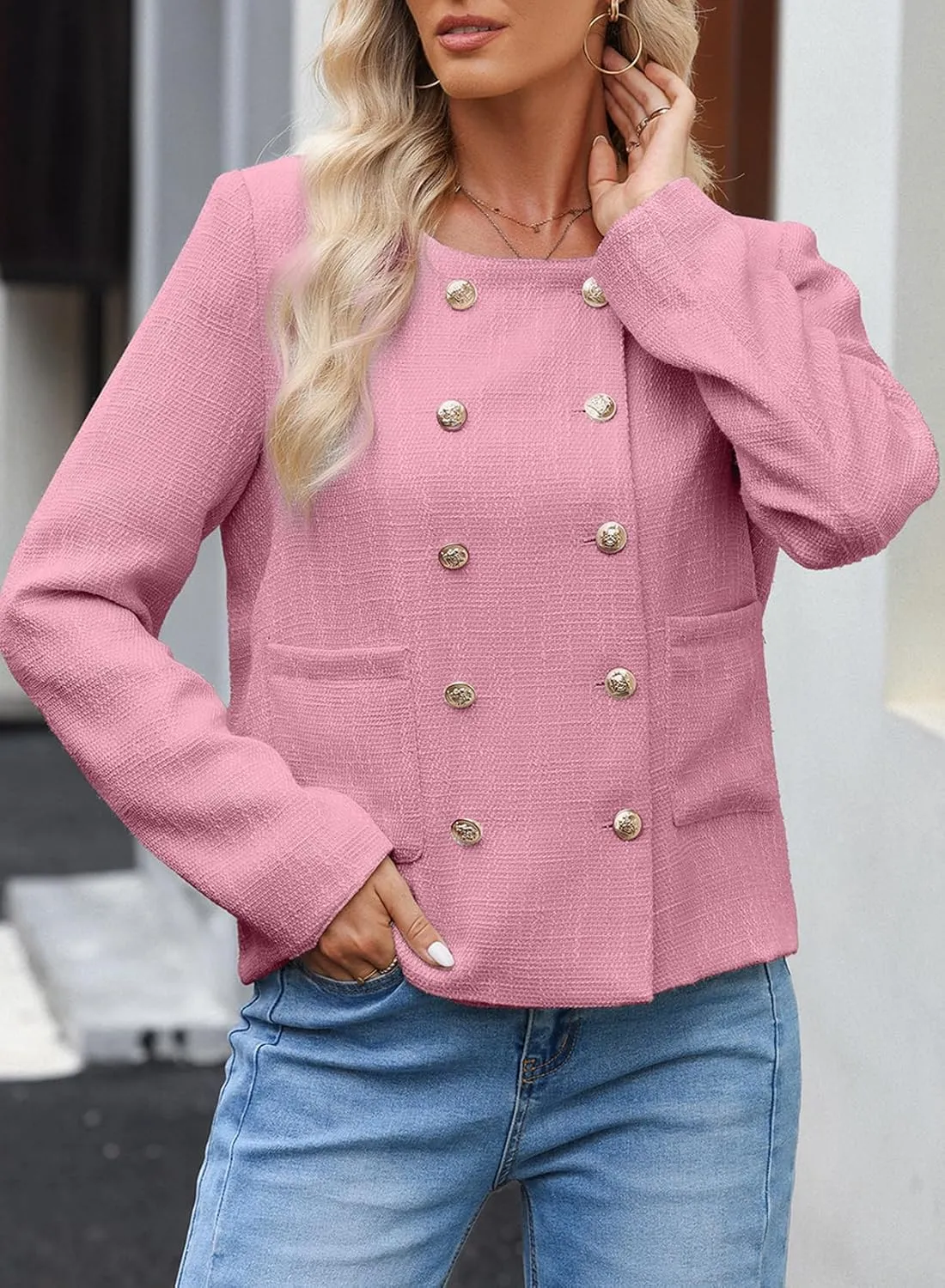 Happy Sailed Womens Cropped Tweed Blazers Casual Long Sleeve Double Breasted Open Front Blazer Jackets Work Suits