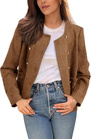 Happy Sailed Womens Cropped Tweed Blazers Casual Long Sleeve Double Breasted Open Front Blazer Jackets Work Suits
